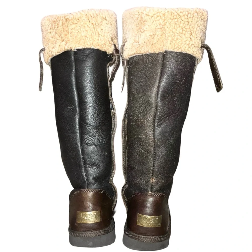 UGG Brooks Tall Boots Brown Leather Shearling Lined Flat Moto Style Women’s 6